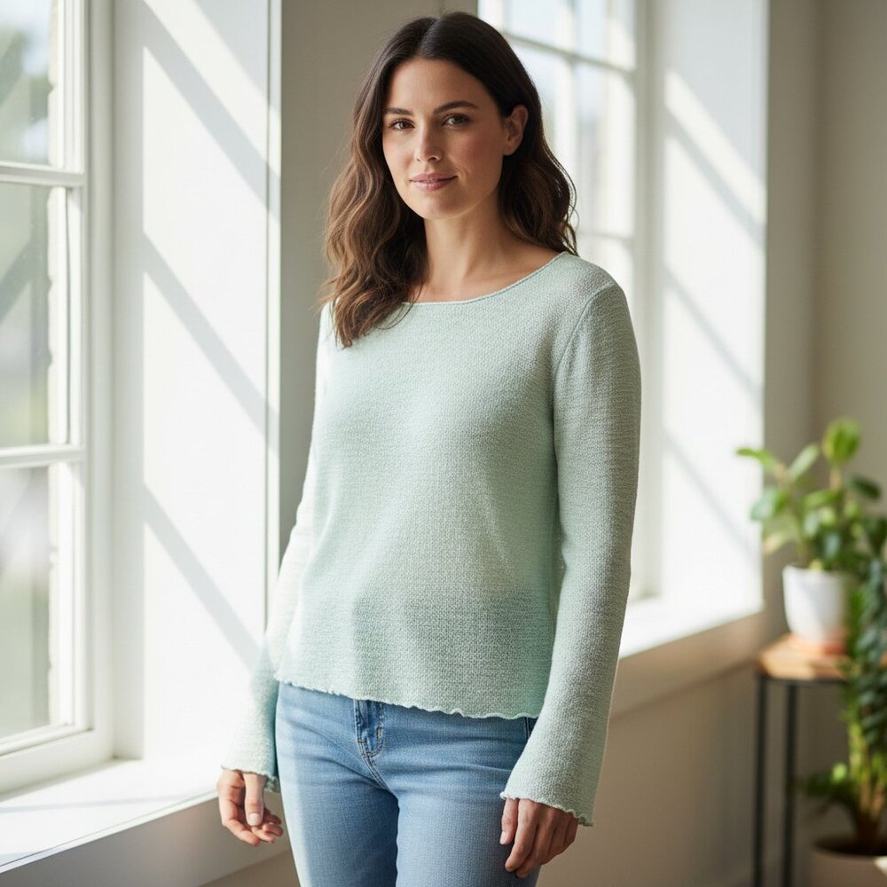 EILEEN FISHER Women's EUC Bateau Long‎ Sleeve Knit Linen Top Mint | Size L